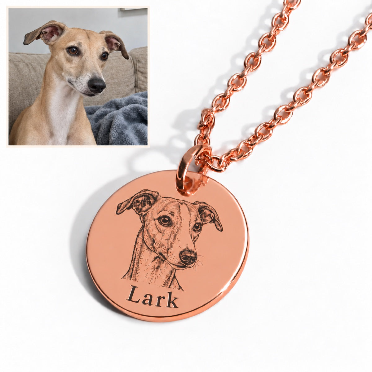 Dog — AI concept: casual indoor phone snapshot of Lark the whippet above a Rose Gold engraved portrait necklace. Not a customer photo or verified finished product.