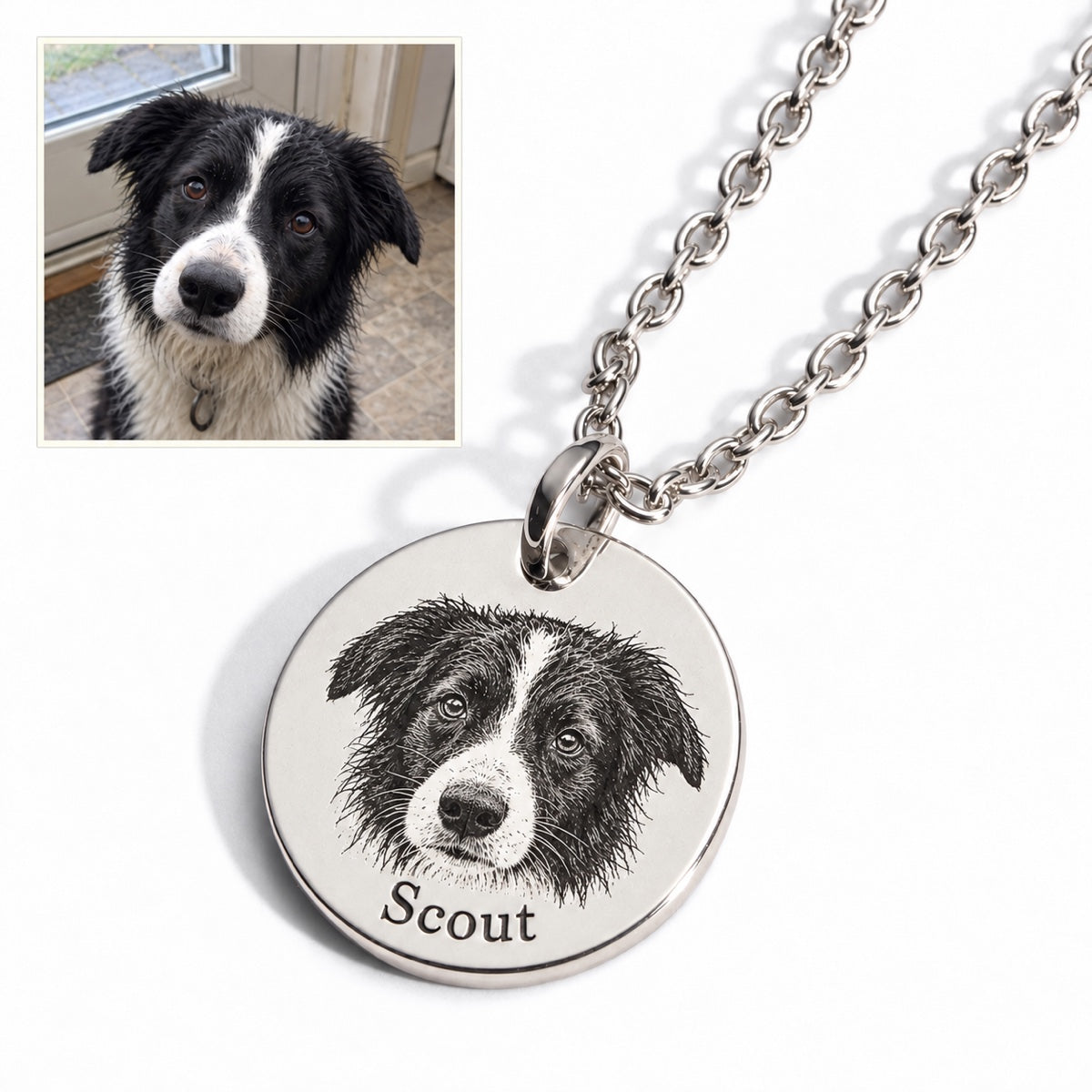 Dog — AI concept: casual indoor phone snapshot of Scout, a border collie with two naturally positioned ears, above a matching silver engraved portrait necklace. Not a customer photo or verified finished product.