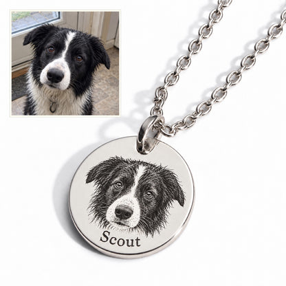 Dog — AI concept: casual indoor phone snapshot of Scout, a border collie with two naturally positioned ears, above a matching silver engraved portrait necklace. Not a customer photo or verified finished product.