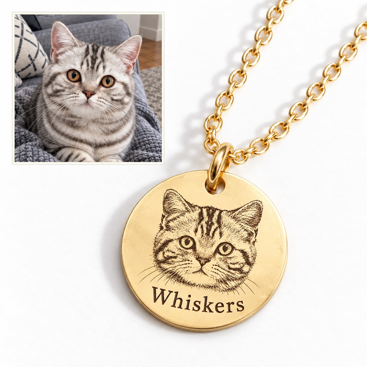 Cat — AI concept: casual indoor phone snapshot of Whiskers the tabby above a Gold engraved portrait necklace. Illustrative pet photo, not a customer photo or verified finished product.