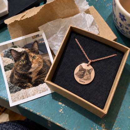 Cat — AI concept: Rose Gold Tansy tortoiseshell portrait necklace gift presentation — not a customer photo or verified finished product.