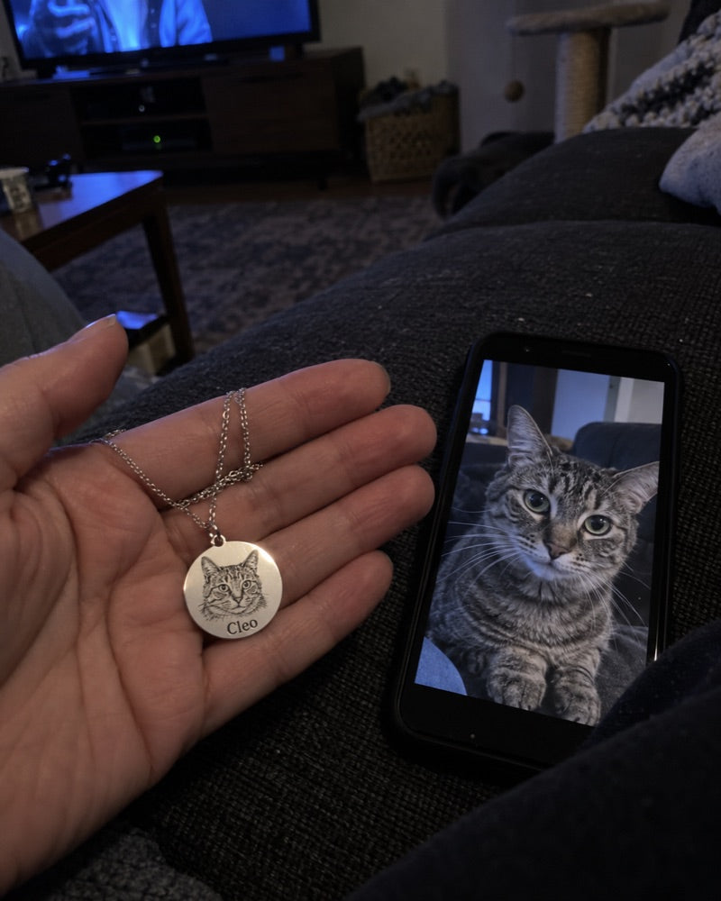 Cat — AI concept: AI demo phone-style photo of a silver Cleo pendant in a palm beside a phone showing the matching gray tabby, on a dark sofa in TV light. Not a customer photograph.