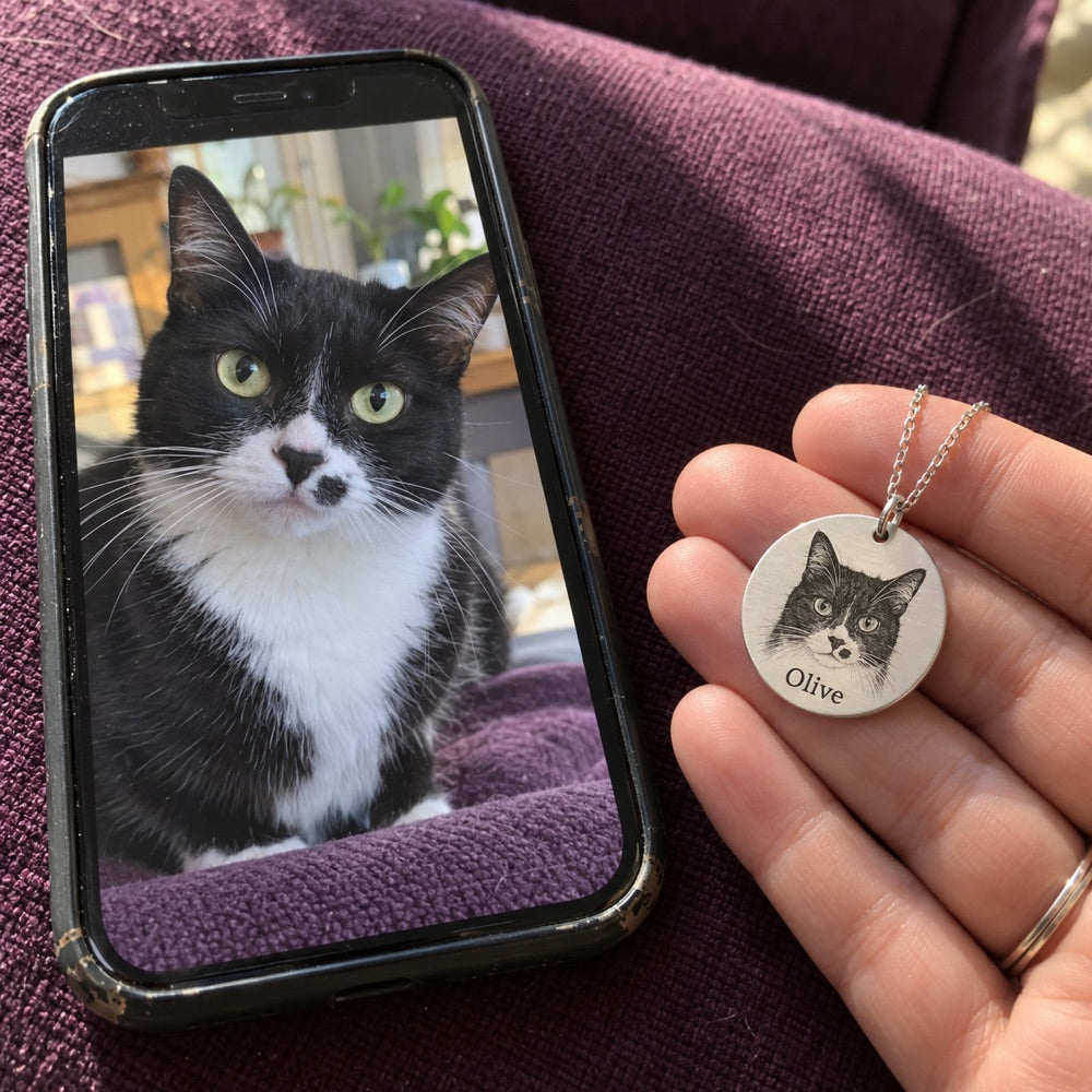 Cat — AI concept: AI concept: Olive the tuxedo cat pictured on a phone beside a matching silver portrait necklace held over a plum cushion. Not a customer photograph.