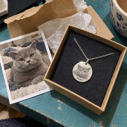 Cat — AI concept: AI concept: a silver Mabel necklace in an open gift box beside the matching British shorthair photo, on a worn teal desk with kraft paper. Not a customer photograph.