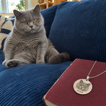 AI concept: A silver PLUM portrait necklace rests on a red book beside a blue-gray British shorthair on a blue sofa.