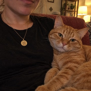 AI concept: An adult wears a gold MANGO engraved cat necklace on a black shirt beside an orange tabby on a red couch.