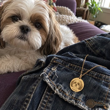 AI concept: Gizmo the Shih Tzu beside a gold personalized coin necklace resting on worn denim.