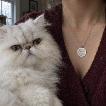AI concept: White Persian Luna beside a worn silver portrait necklace against a burgundy cardigan.